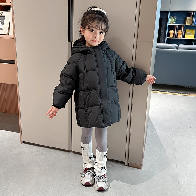 女童冬装外套儿童简约洋气纯色连帽羽绒服中小童冬季加厚百搭上衣