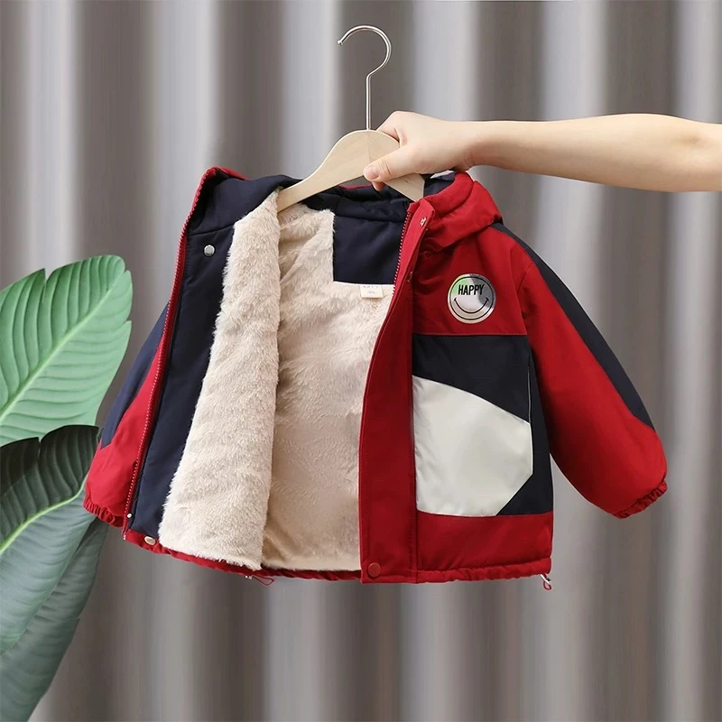 男童冬装棉服儿童加绒连帽时髦派克服男孩冬季笑脸印花棉衣潮童装