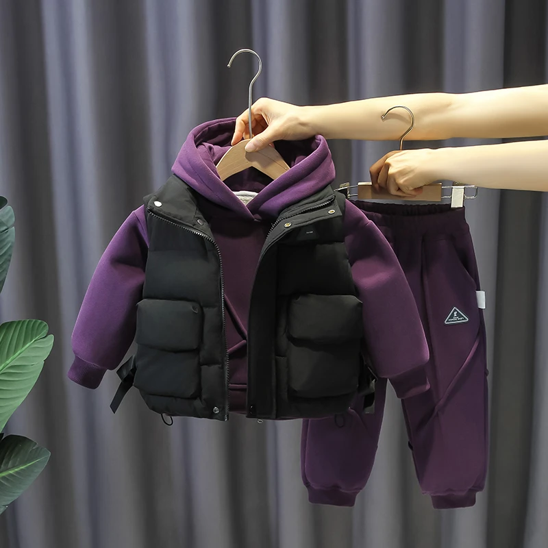 男童套装儿童夹棉加厚洋气马甲卫衣三件套中小童冬季加绒加厚潮装