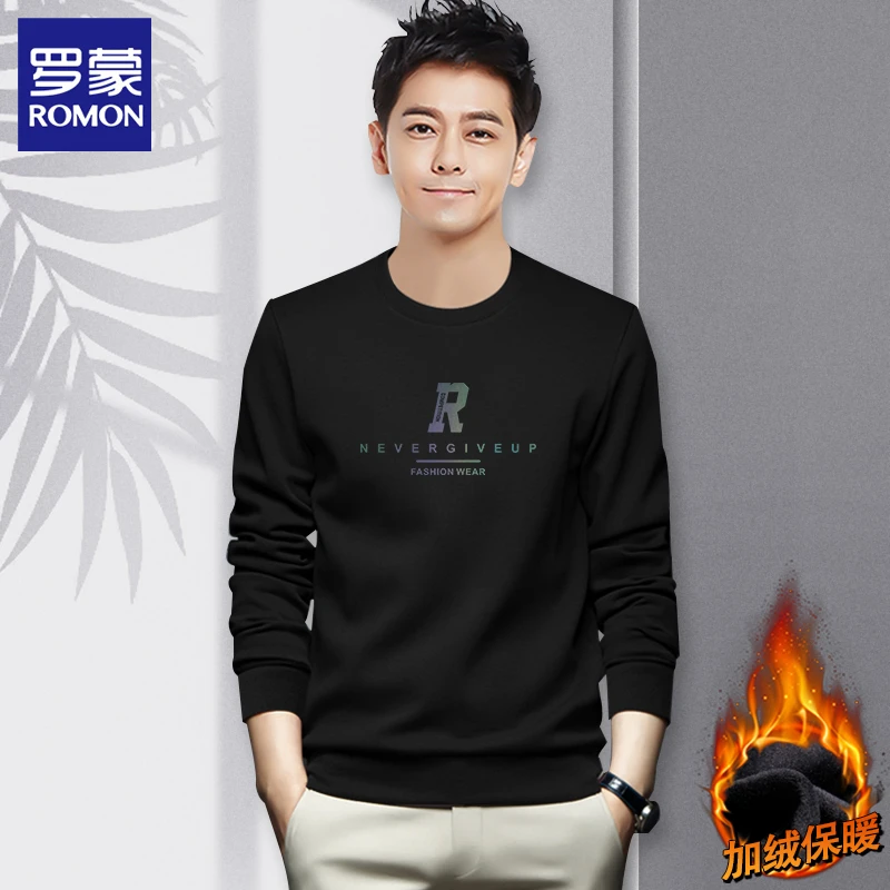 Romon/罗蒙卫衣冬季男加绒加厚圆领印花套头无帽保暖黑色字母上衣