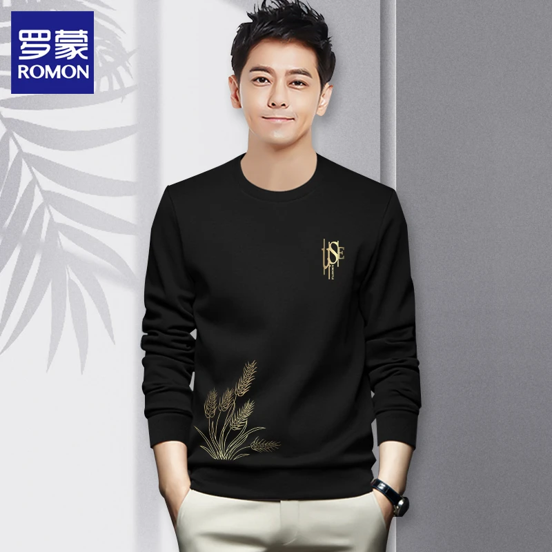 Romon/罗蒙圆领卫衣男春秋印花长袖打底衫潮休闲修身外套百搭上衣