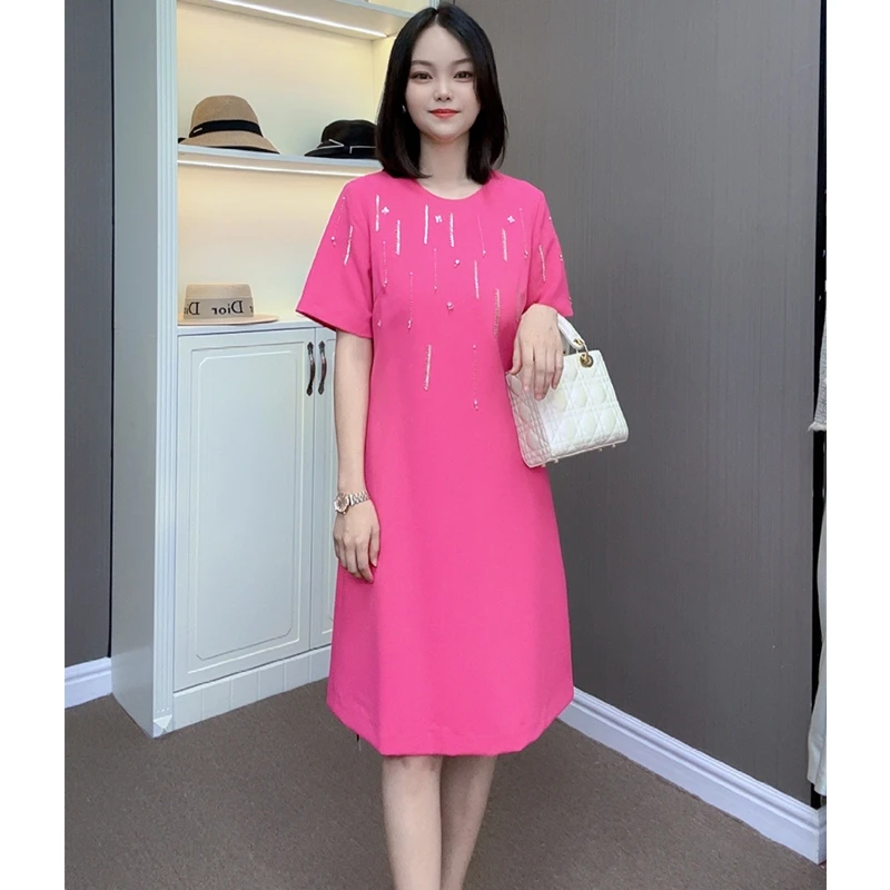 2025年新款短袖钉珠宽松遮肚子A字连衣裙女夏季