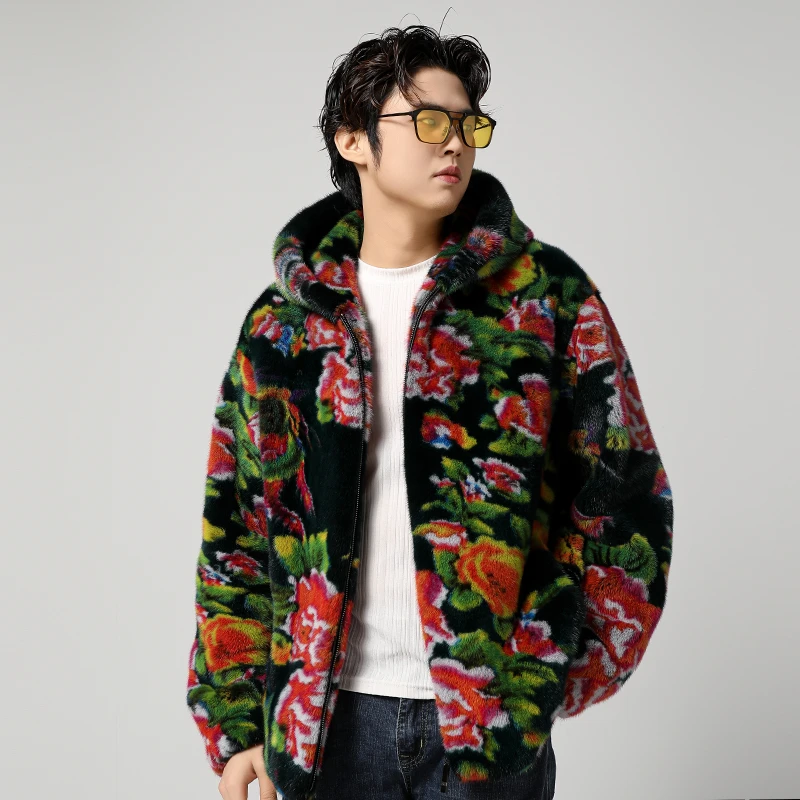 2025新款进口貂皮外套男整貂连帽国潮设计款皮草大衣男士水貂毛冬