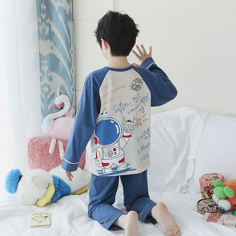 儿童款学生春夏季男童舒适棉质中大童男孩长袖圆领卡通家居服套装
