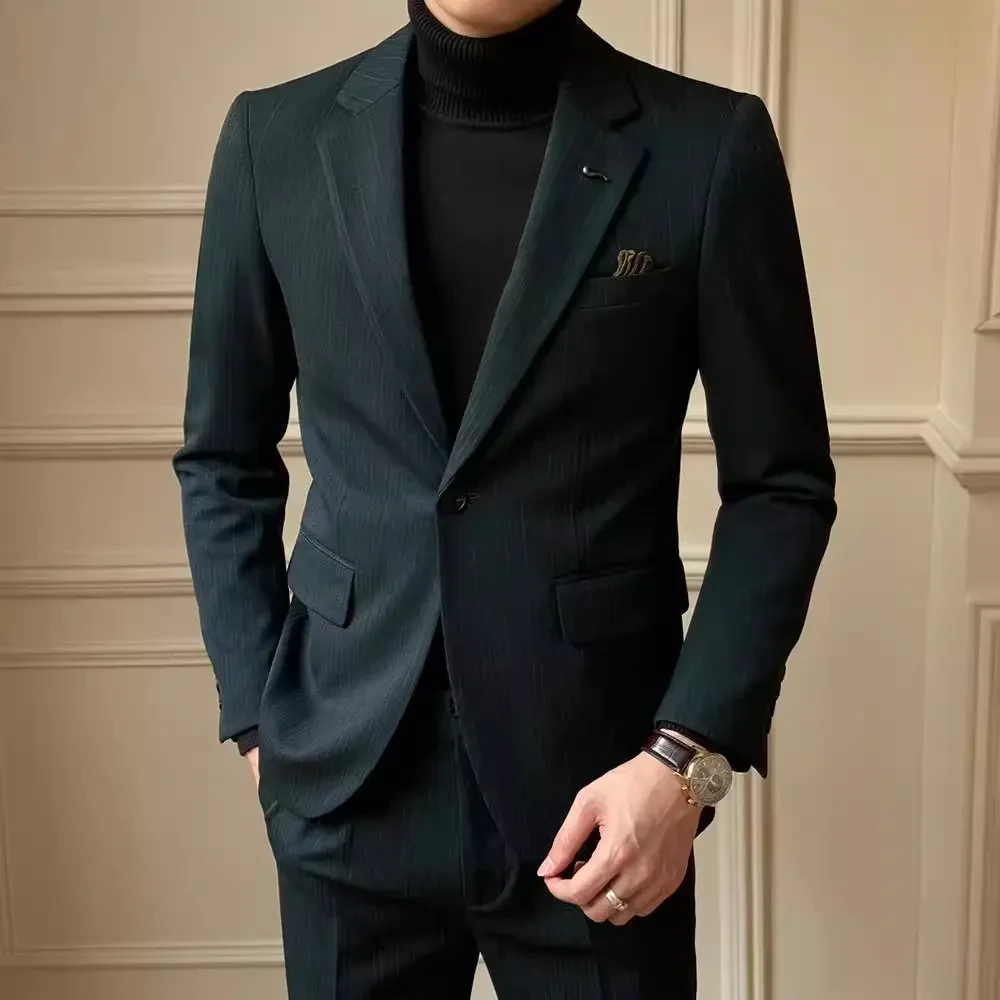 秋冬新款男士高端条纹套装免烫西服时尚商务外套高档修身两件西装