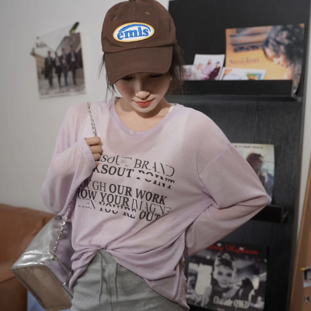 WORKSOUT长款破坏字母印花圆领长袖T恤夏季宽松休闲百搭罩衫