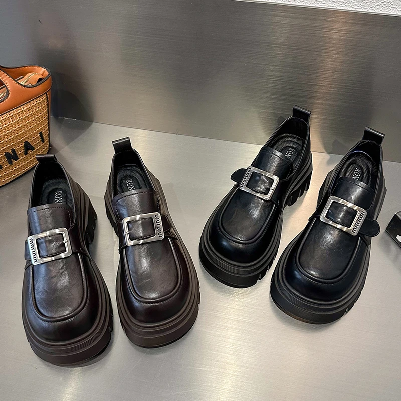 英伦风小皮鞋女2024秋季新款厚底增高JK黑色单鞋粗跟圆头乐福鞋潮