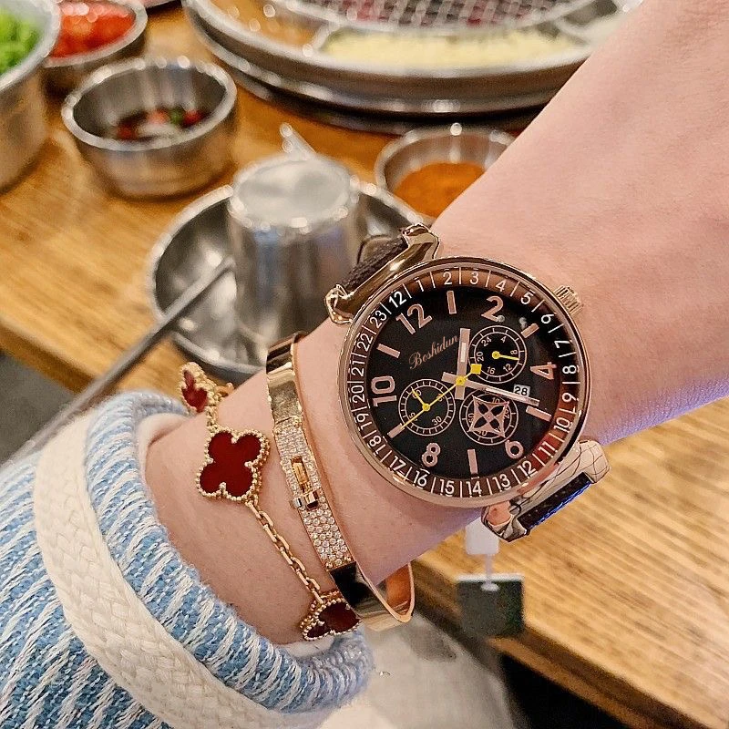 Boshidun【专柜正品】2025新款轻奢气质复古老花夜光石英女表8178