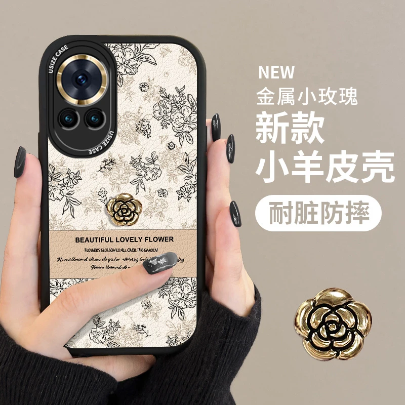 适用华为nova13手机壳小羊皮nova14pro全包防摔女高级感ins山茶花