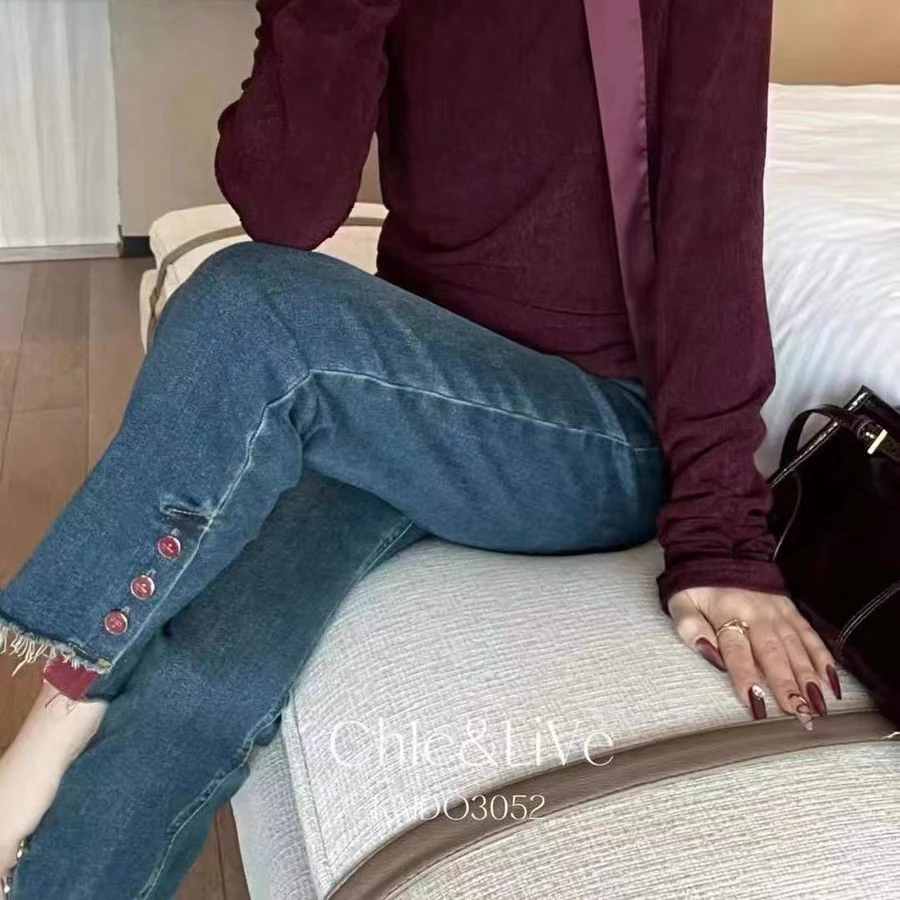 【心依阁铭品】6651春款薄绒钮扣弹力裤口设计直筒裤