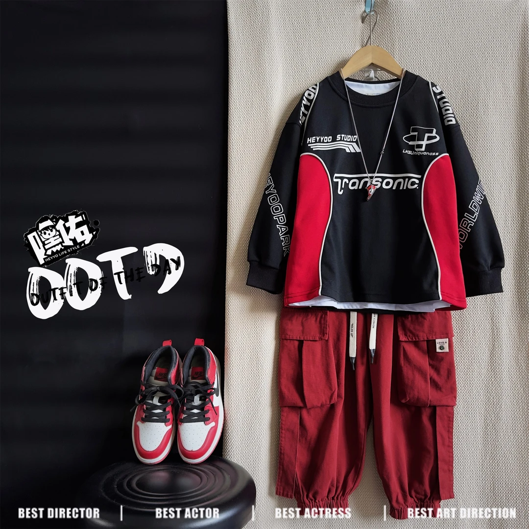 【现货】3Q016嘿佑春秋装中大童装儿童宽松赛车上衣男童圆领卫衣潮