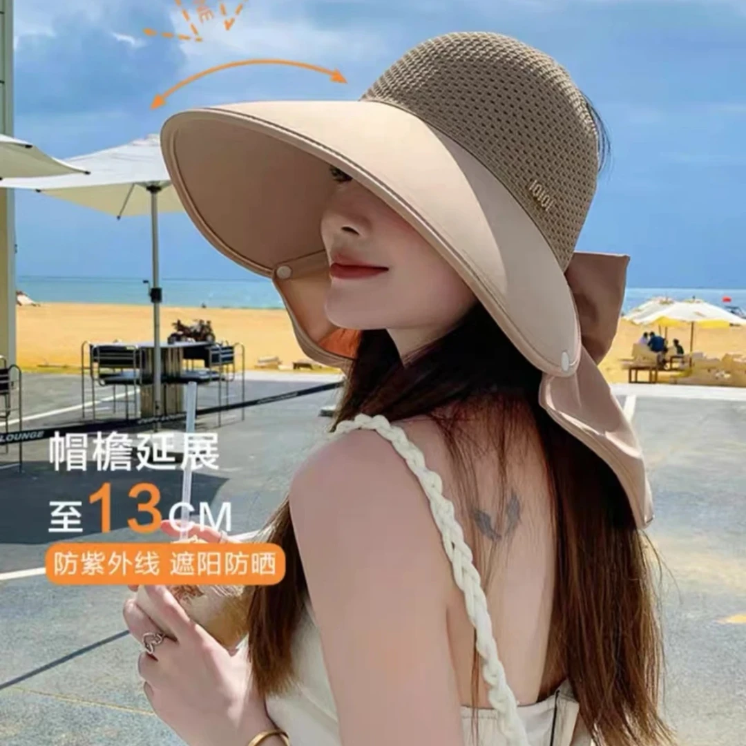 大帽檐防晒帽女夏季遮脸防紫外线太阳帽可扎马尾半空顶护颈遮阳帽