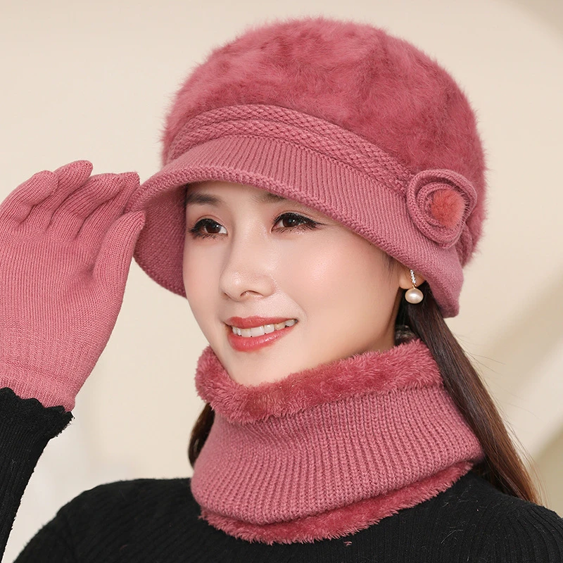 中老年秋冬兔毛盆帽女时尚花朵加绒保暖针织毛线帽妈妈毛线鸭舌帽