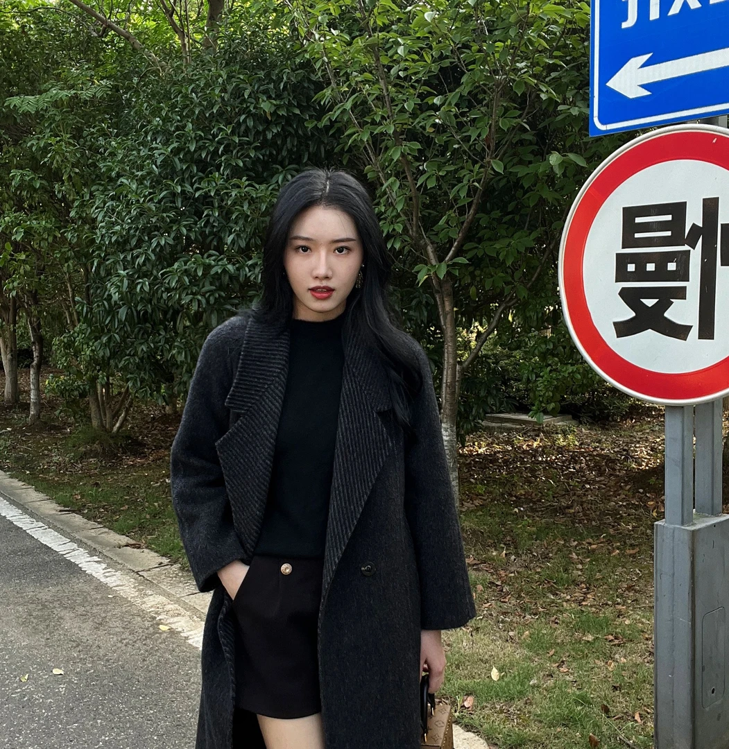 【初心】88529小个子条纹时尚绵羊毛大衣复古秋冬气质