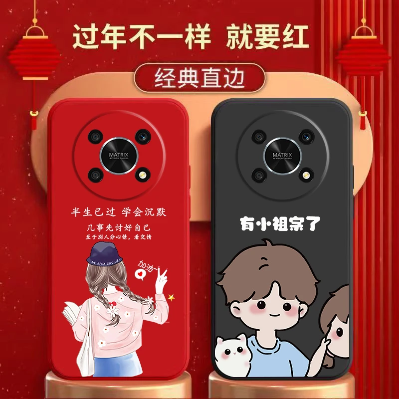 适用荣耀X30手机壳液态硅胶直边防摔软壳情侣卡通