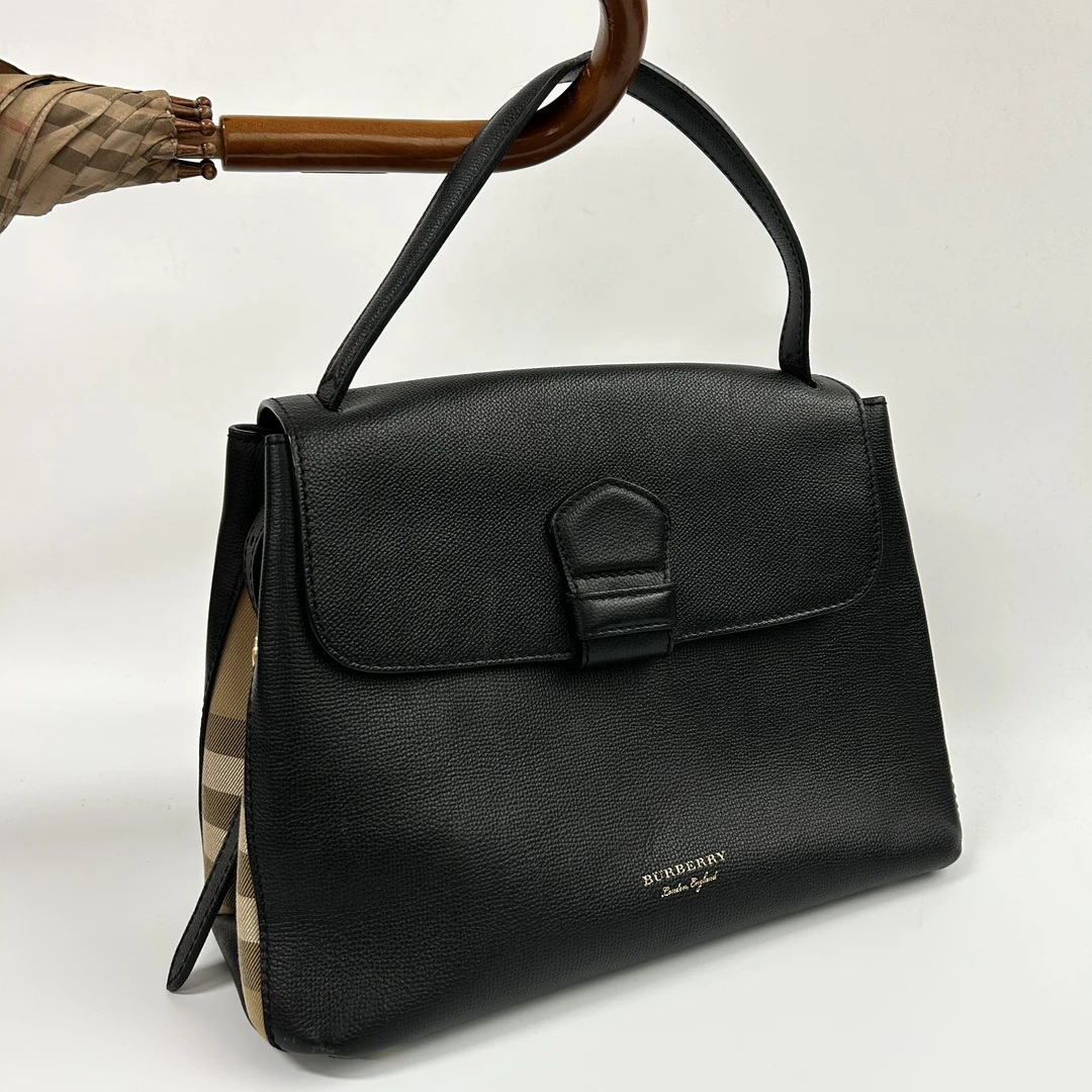 90新 BURBERRY/博柏利 经典格纹拼牛皮公文包