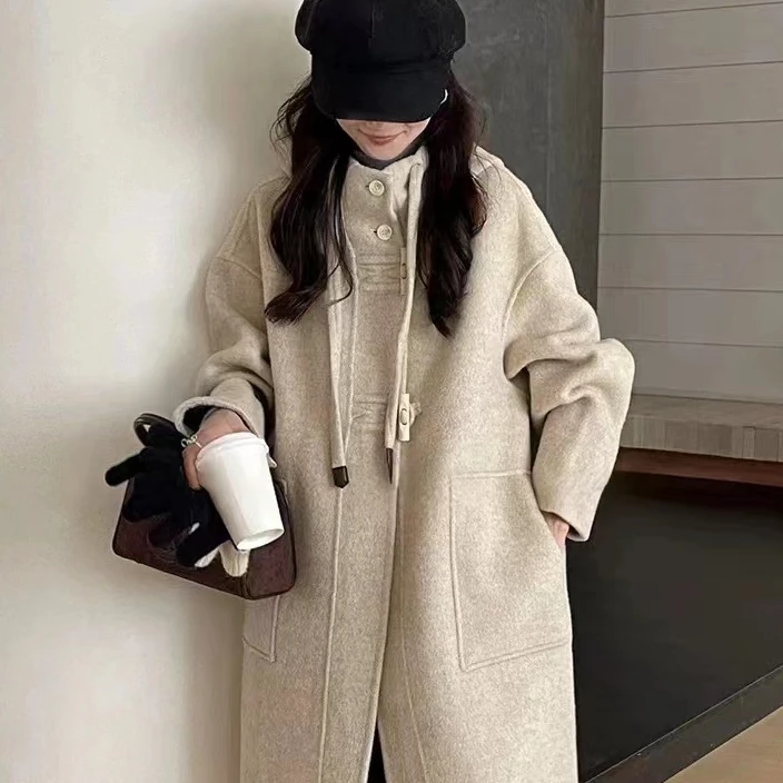 【反季大促】新款韩版连帽长款2025年双面羊毛大衣女(买赠毛刷）