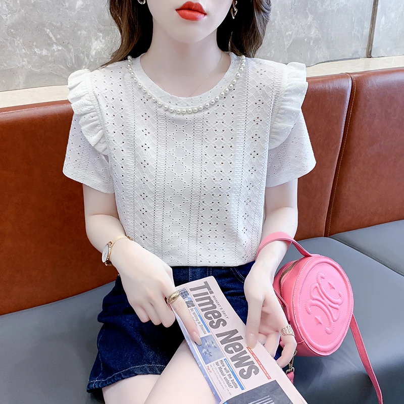 镂空蕾丝洋气上衣女夏季2023高级感重工钉珠设计感宽松短袖t恤ins