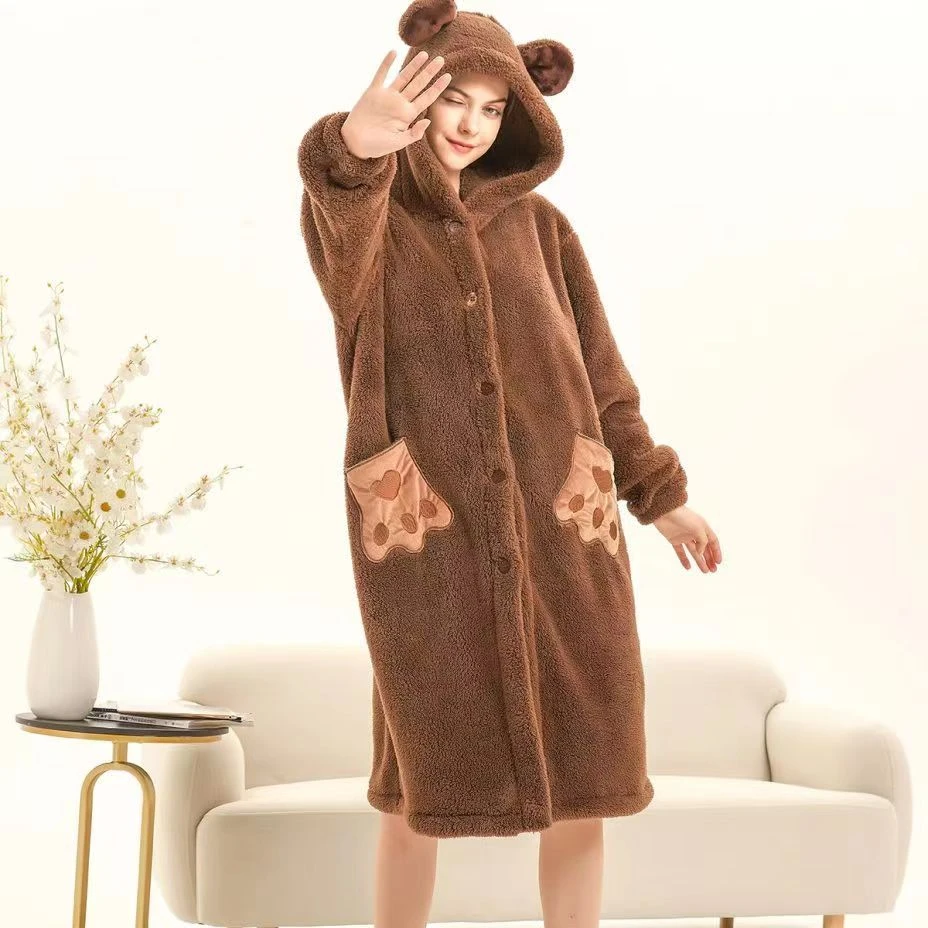 可爱卡通连体睡袍新款女秋冬季女睡衣珊瑚绒加厚可外穿厚款睡袍