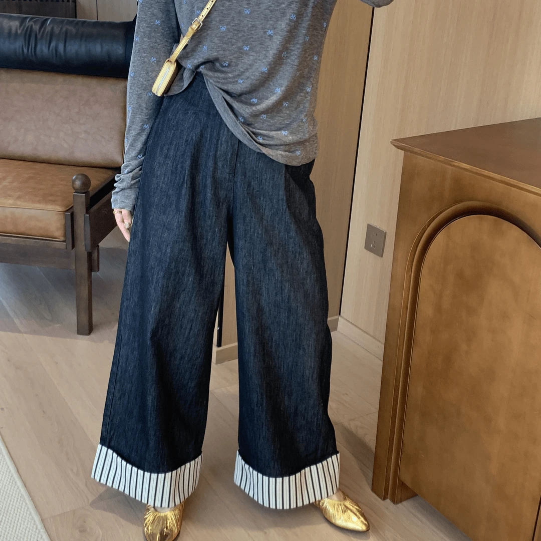 薄款韩版翻边条纹牛仔裤休闲气质拼接卷边高级感宽松半松紧腰长裤