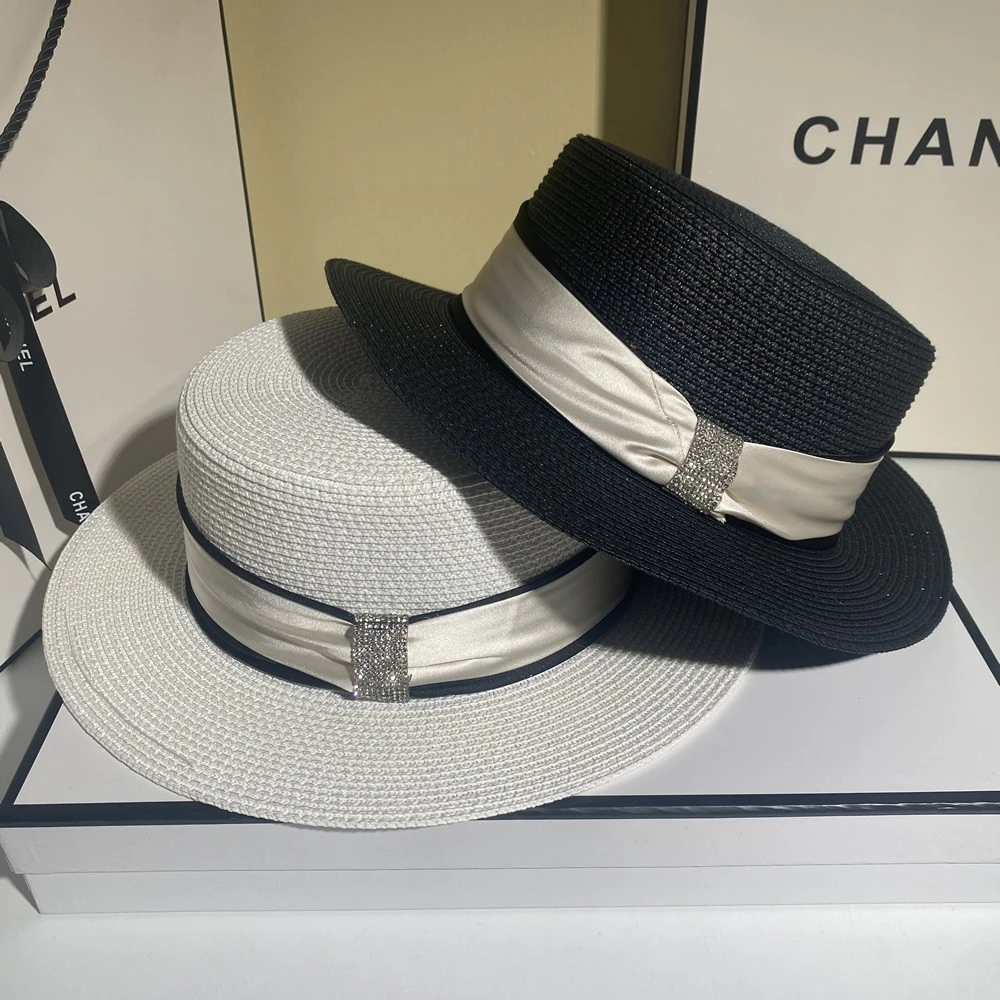 法式拼色蝴蝶结英伦风平顶帽子女简约防晒遮阳帽大檐太阳帽