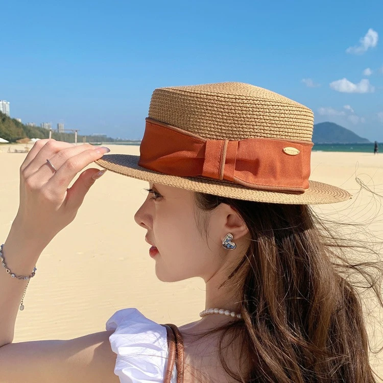 春夏法式复古平顶草帽女百搭出游沙滩遮阳防晒小清新礼帽太阳帽潮