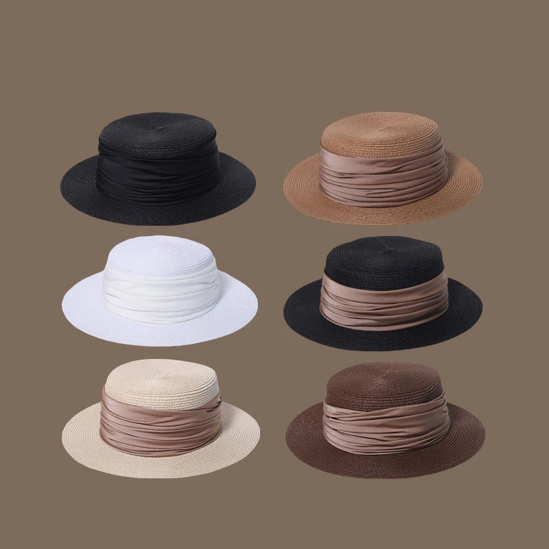 日系褶皱丝带平顶草帽女夏季出游防晒平顶帽度假帽子时尚百搭礼帽
