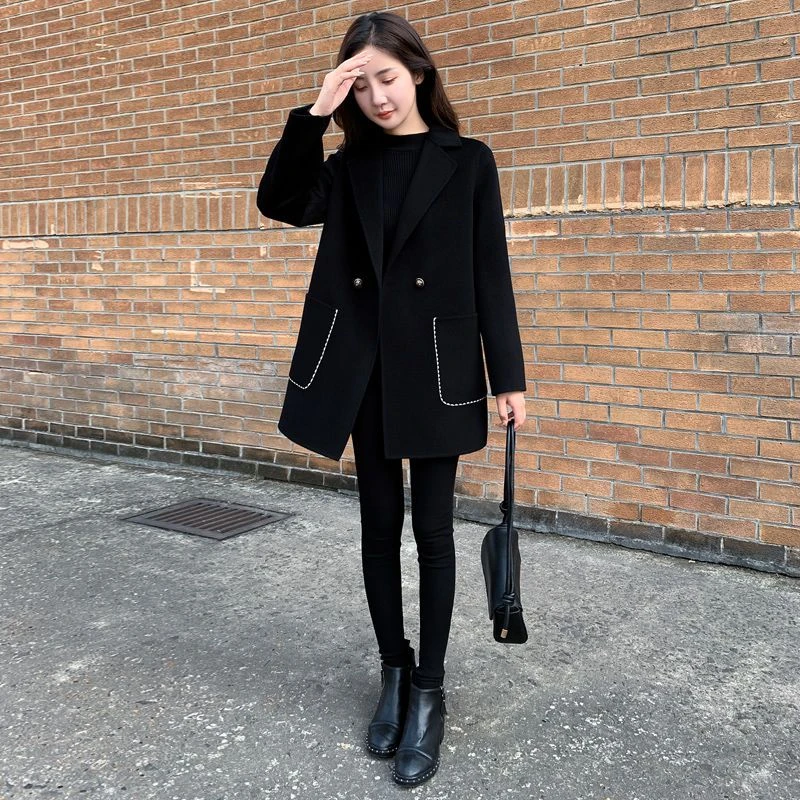 2023年秋冬新款毛呢外套女中长款黑色小个子气质显瘦毛呢小西装