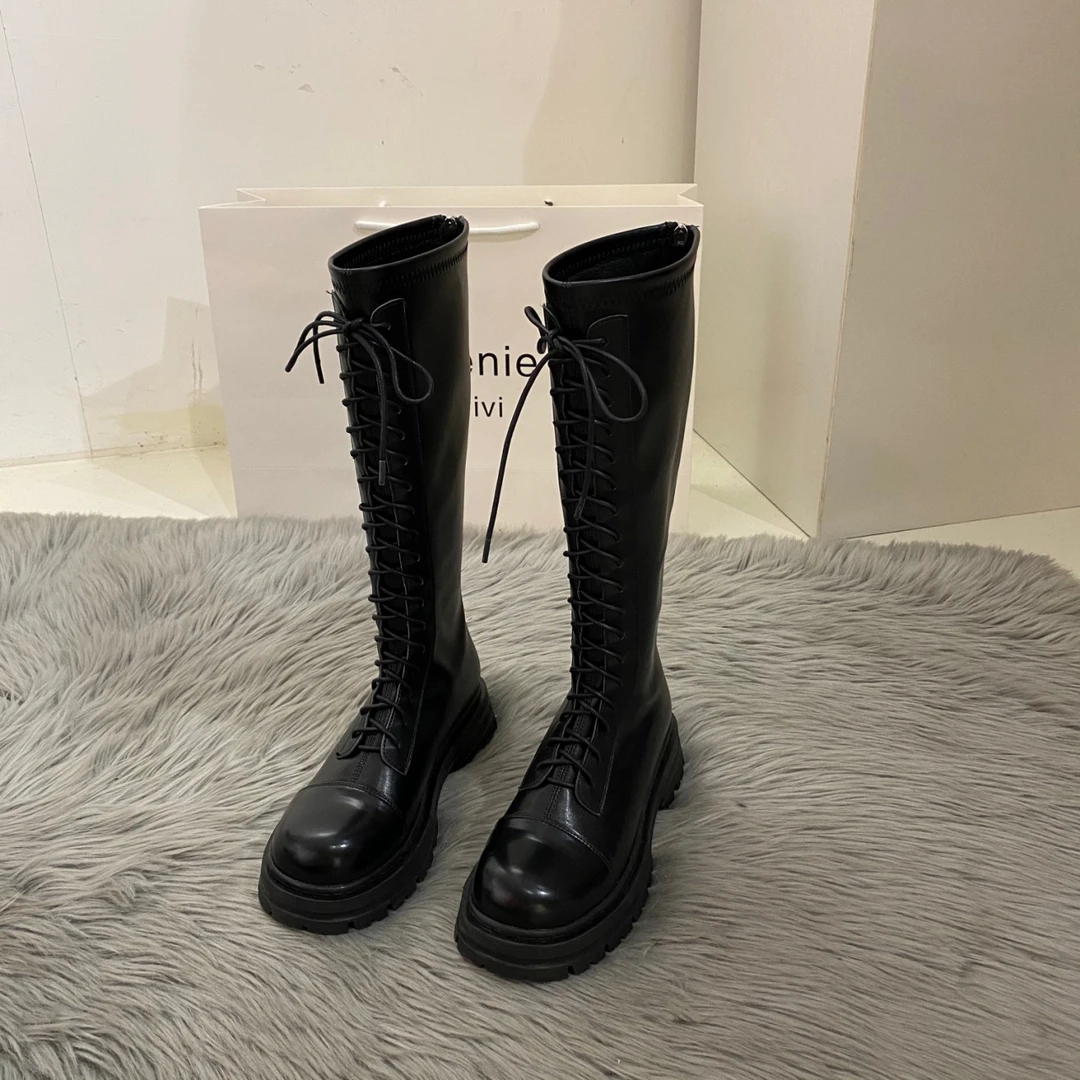 【韦姐同款靴子】绑带长筒靴女2024新款秋季黑色厚底高筒显瘦骑士靴