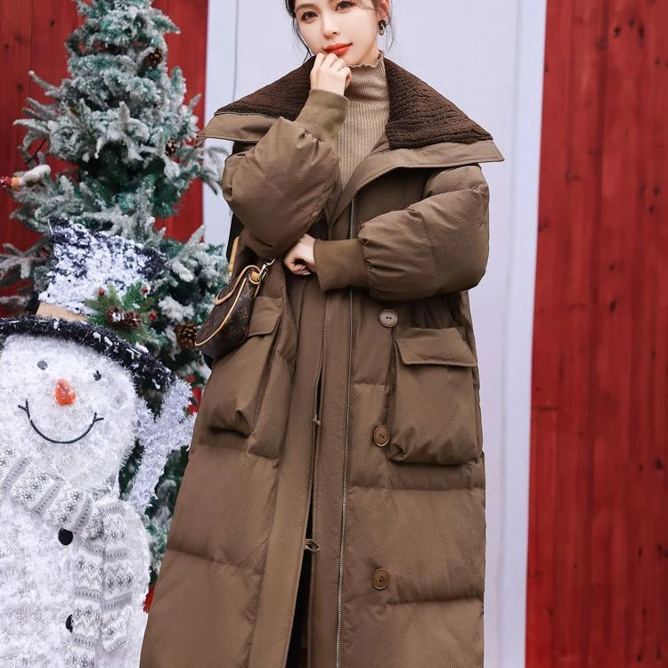 棉服女冬季中长款韩版时尚设计感棉衣过膝长款大翻领棉袄复古外套