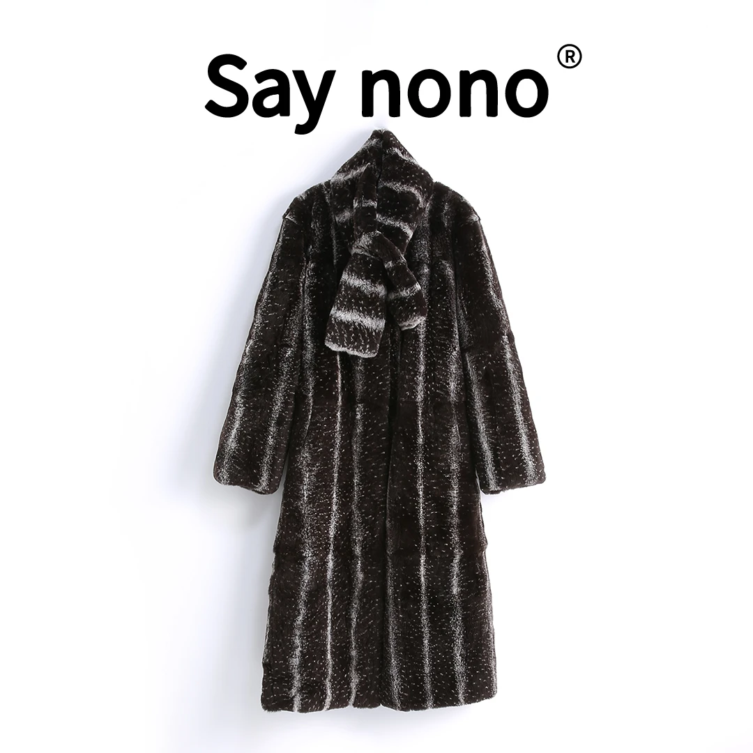 懒猫nono│Saynono 匠心工艺＿V领獭兔毛长款外套送围巾 /MLL49