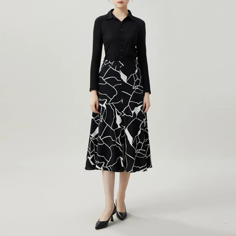 新款高腰赫本风气质印花伞裙长裙1200328微瑕品不支持7天无理由