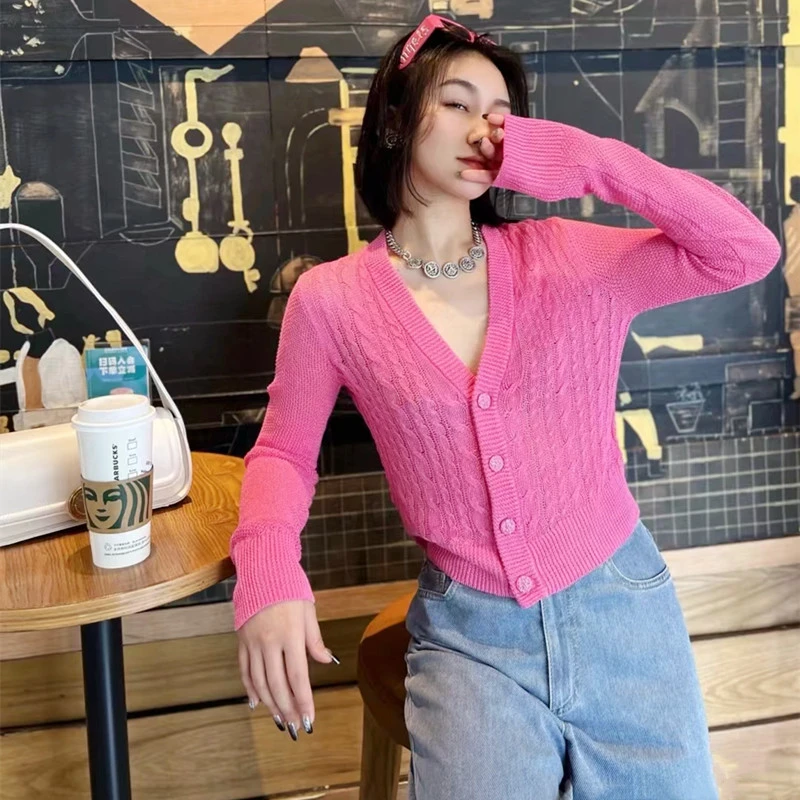 阿玛思小香风纯色V领亚麻针织开衫5499211微瑕品不支持7天无理由