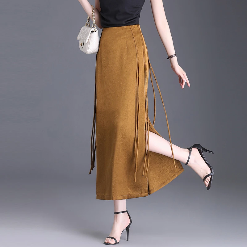 夏季醋酸高端设计款飘绳显瘦高腰直筒开叉国风半身裙长裙包臀裙子