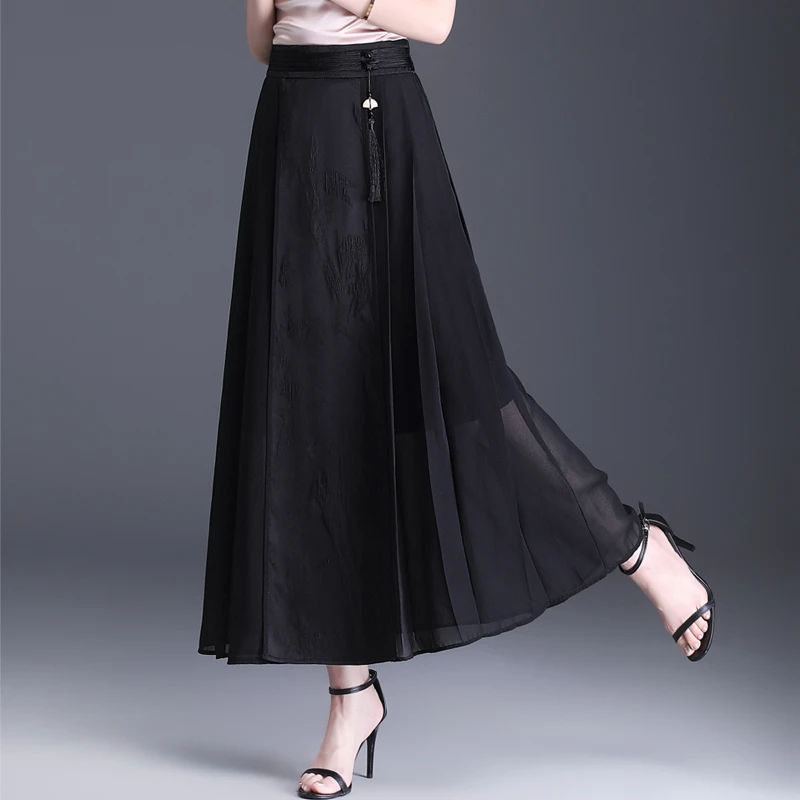 提花缎面网纱马面裙正版国风女夏季薄款高腰显瘦半身长裙女A字裙