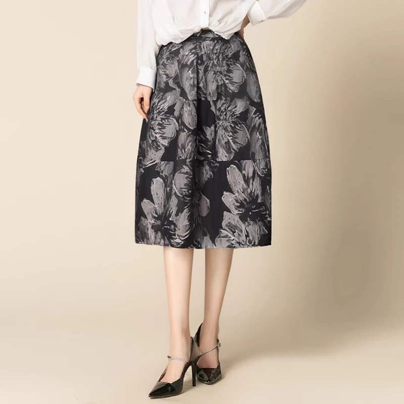 提花半身裙女秋半裙新款秋季高腰遮胯中长款灯笼裙a字花苞裙