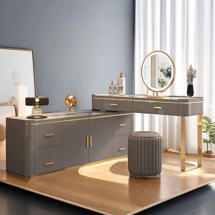 卧室梳妆台斗柜一体高级实木床尾电视柜收纳储物柜化妆桌转角组合