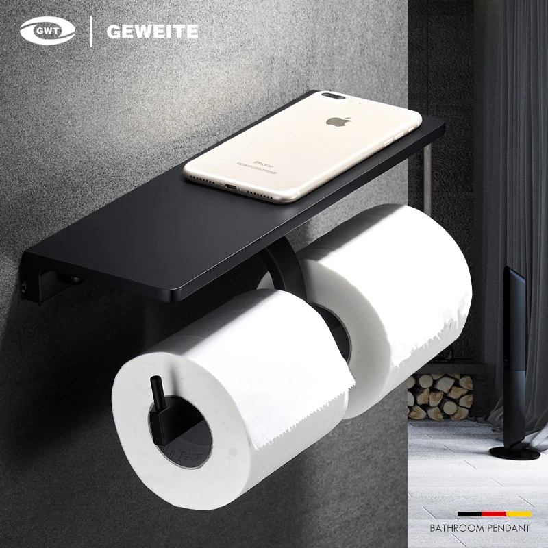 黑色厕所卷纸架免打孔纸巾盒创意双卷纸筒壁挂纸巾架卫生间手机架