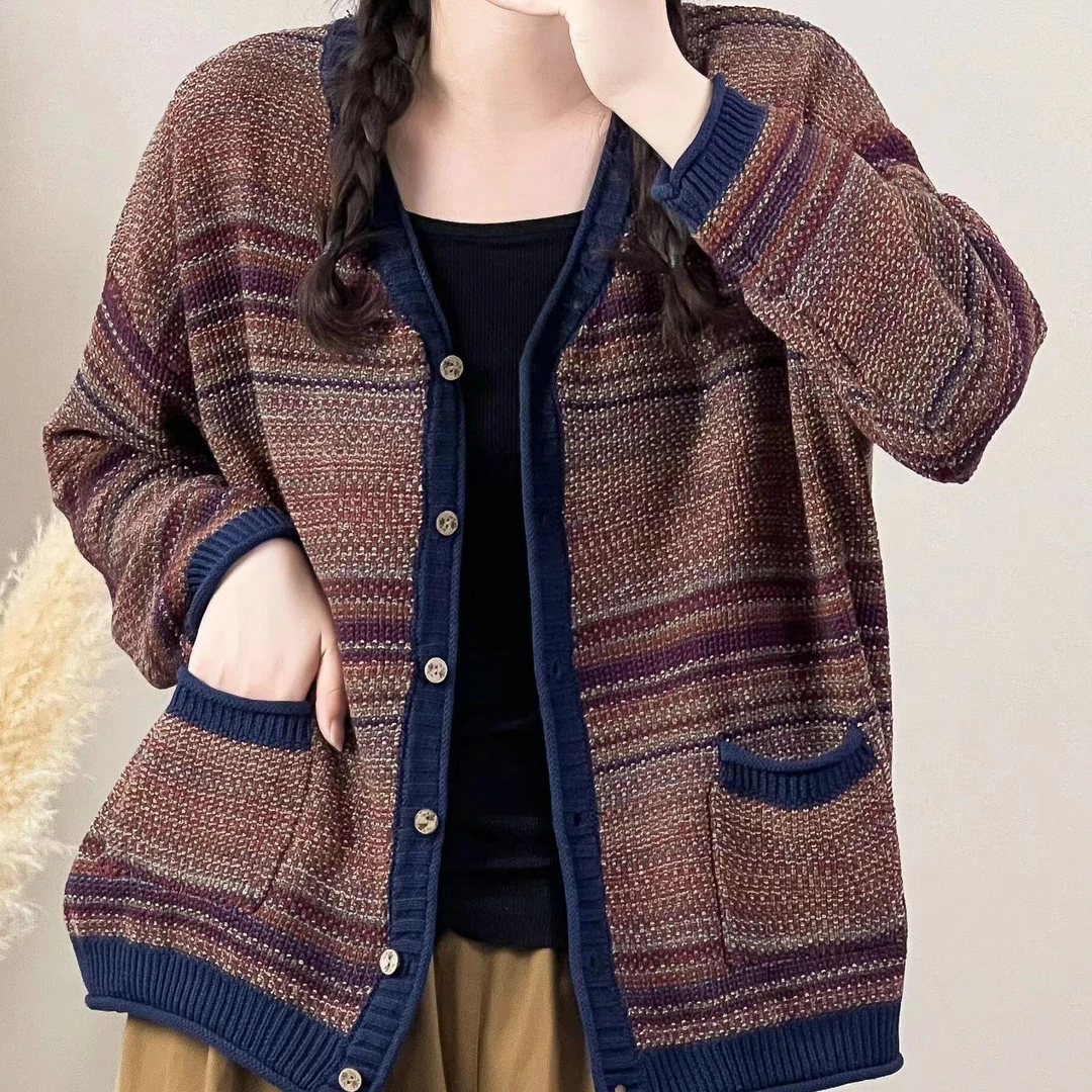 2024新款女休闲复古针织衫条纹 拼色宽松外套毛衣针织衫小香风