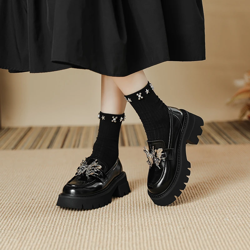 真皮厚底乐福鞋女2025春夏季新款粗跟蝴蝶单鞋英伦风黑色JK小皮鞋