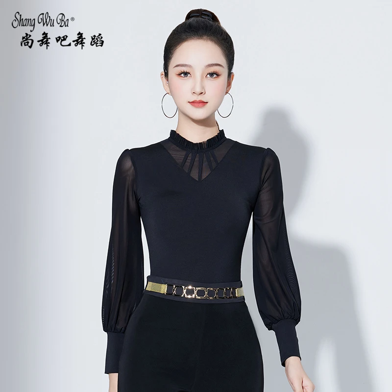 拉丁舞服女长袖舞蹈练功服新款网纱灯笼袖国标舞交谊舞摩登舞上衣