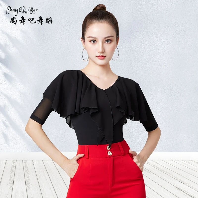 摩登舞练功服女网纱荷叶领2022年新款华尔兹国标舞中袖拉丁舞上衣