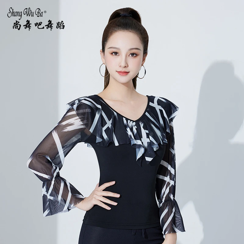 摩登舞上衣新款国标交谊舞服装拉丁舞长袖女网纱印花舞蹈练功服
