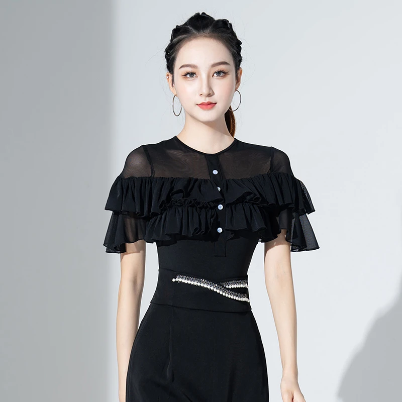 摩登舞上衣女夏季新款网纱荷叶国标舞吉特巴舞蹈连体衣拉丁舞短袖