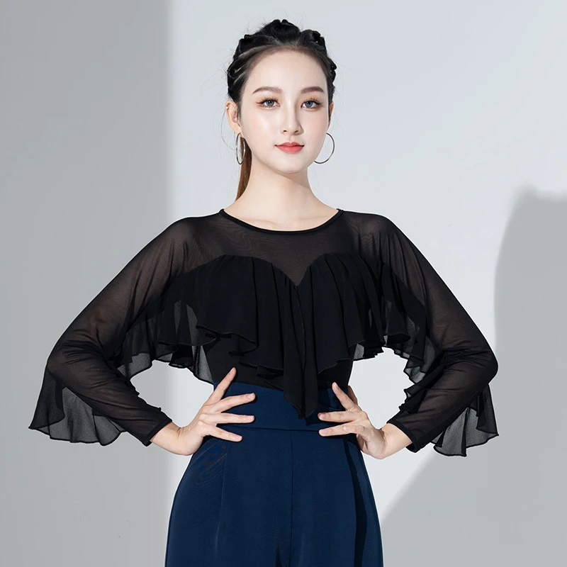 摩登舞上衣新款女印花网纱拉丁舞长袖国标舞服跳舞吉特巴练功服
