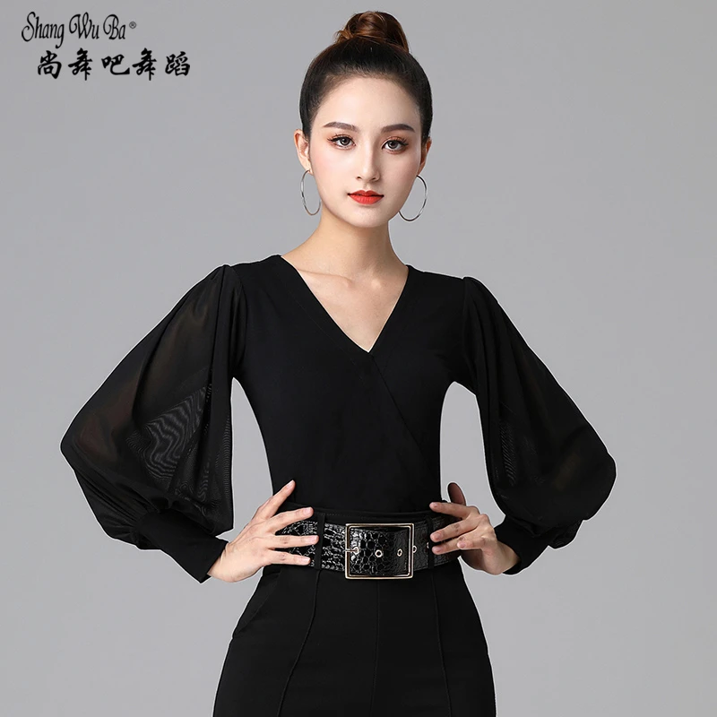 摩登舞服女长袖舞蹈练功服V领网纱灯笼袖拉丁舞广场舞上衣演出服