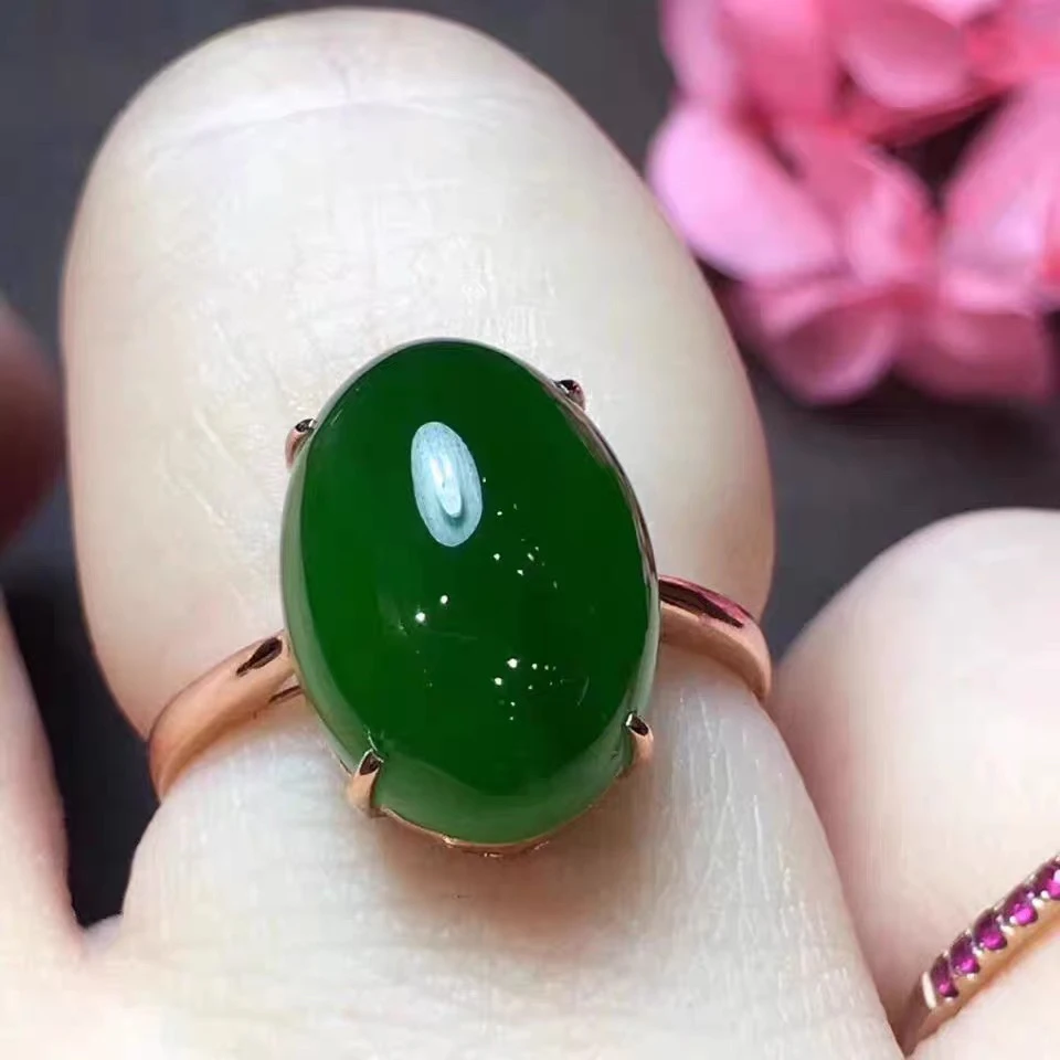 和田玉碧玉菠菜绿一子托冰冰戒