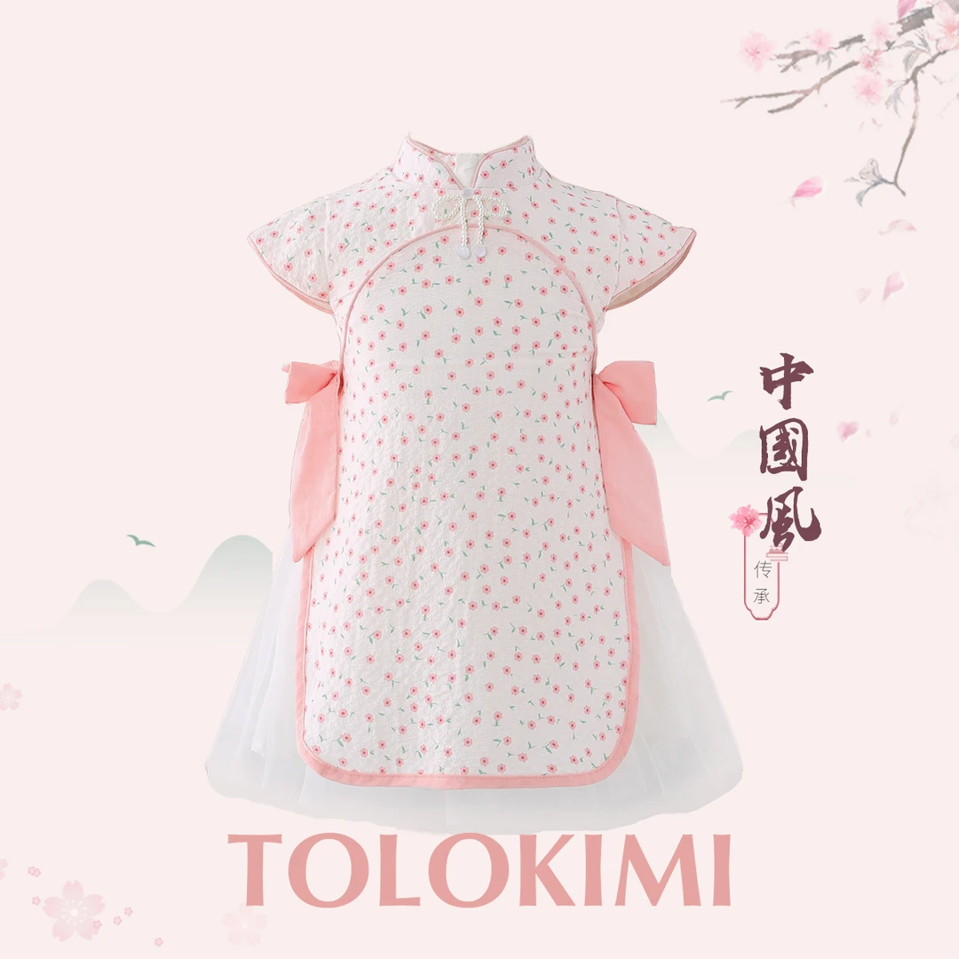 tolokimi女童裙子夏季新款洋气国风复古盘扣网纱连衣裙