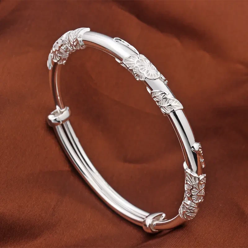 老凤祥款式银手镯女9999纯银年轻款繁花银镯子实心足银