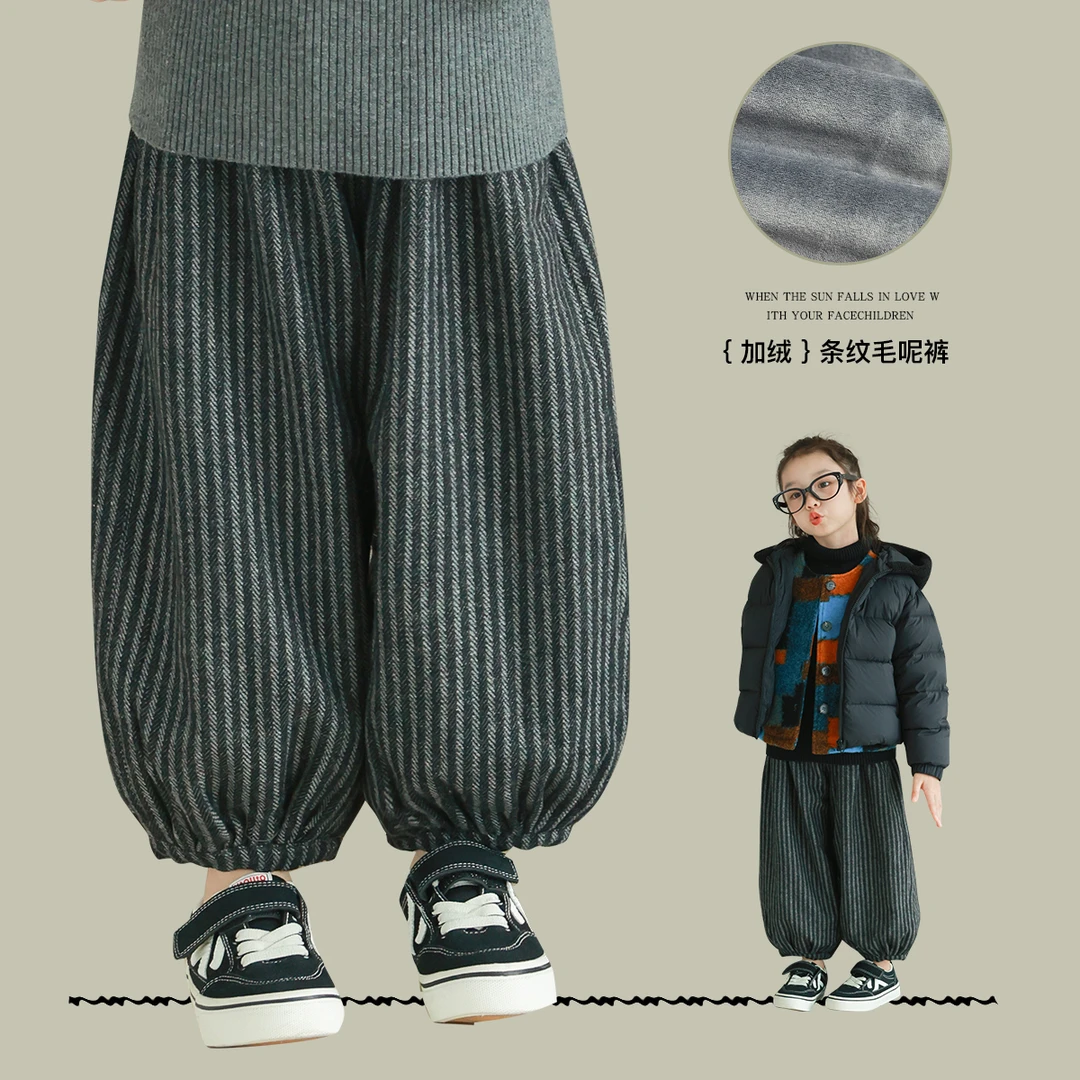 utouto大耳象女童条纹毛呢加绒裤2024冬季新款2410569